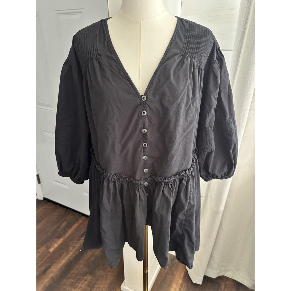Free People Blouse Womens Medium Black Tunic V Neck Button Ruffle Peplum Boho